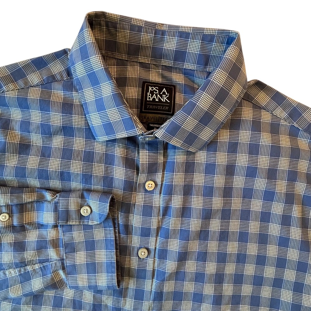 Jos. A. Bank Traveler Travel Tech Shirt Mens XL Blue Plaid Tailored Fit Stretch